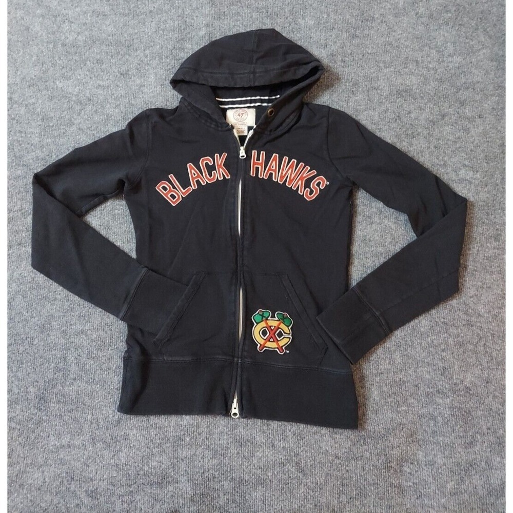 Chicago Black Hawks Jacket Womens Small Black Full Zip Hoodie Fleece Y2K
